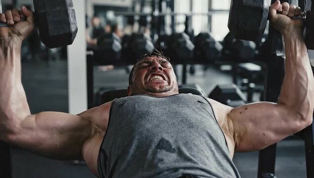 Man exercising with dumbbells in gym while lifting weights  