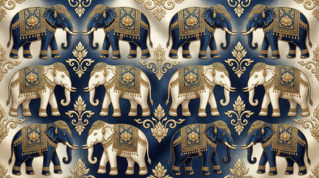 Ornate elephants in decorative patterns of blue and gold against a textured fabric