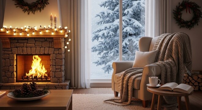A cozy living room with a fireplace, armchair, and a cup of coffee on a wooden table.