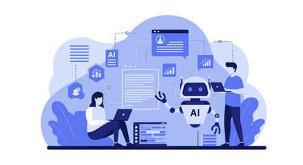 Artificial Intelligence Concept with People and Robot.