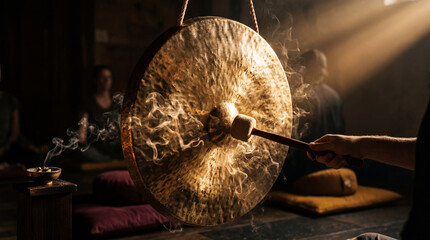 Obraz premium Hand striking golden gong with incense smoke during sound healing meditation.