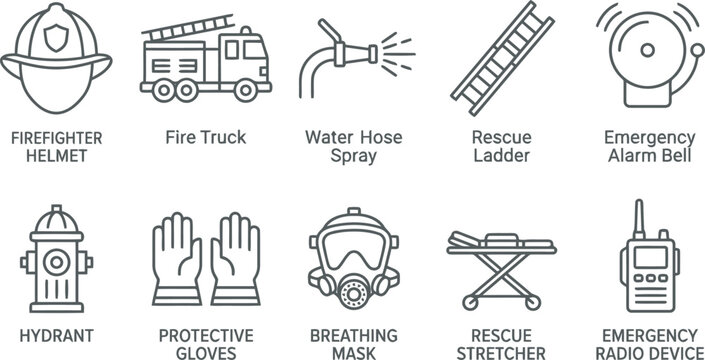 Emergency response icons set, firefighting equipment symbols, rescue tools, safety signs