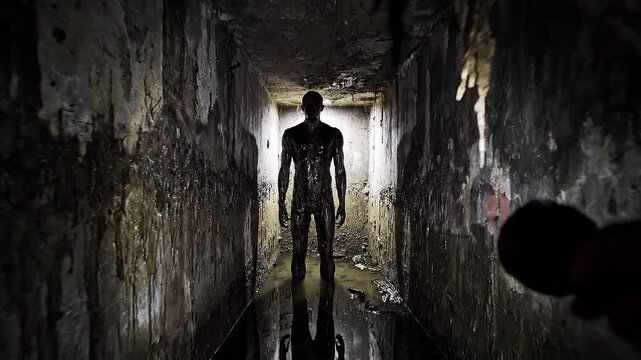 Flooded Dark Basement With A Creepy Shadowy Figure