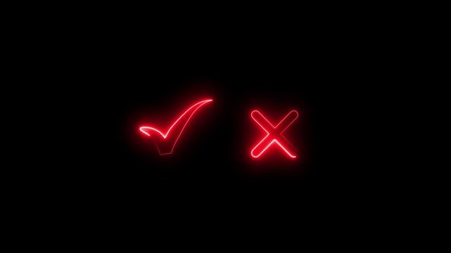 Two glowing neon red symbols, a check mark and a cross, are displayed side-by-side on a black background, representing a clear choice between correct and incorrect options with a strong visual