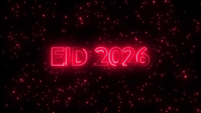 Bright neon pink text EID 2026 with a radiant glow against a dark black background filled with small, scattered pink glowing particles and subtle light flares