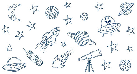 Hand drawn space elements set with rockets, planets, stars, and UFOs. © Ndog