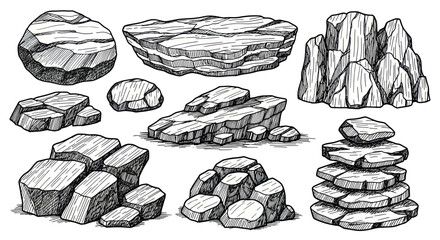 Hand drawn sketch set of various rocks and stones in different shapes and sizes. © Ndog
