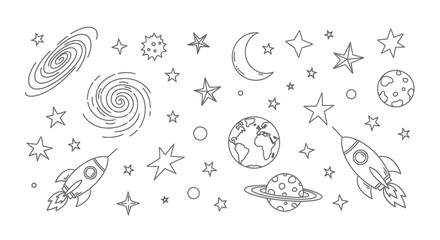 Hand drawn space elements with rockets planets and galaxies. © Ndog