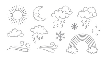 Hand drawn weather icons set with sun, moon, clouds, rain, wind, snowflakes, and rainbow.