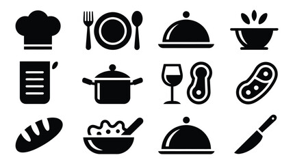 Restaurant food and drink icons set including chef hat utensils plate wine glass bread and covered dishes on white background for culinary business or recipe design