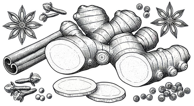 Hand-drawn illustration of ginger root, cinnamon sticks, star anise, cloves, and peppercorns.