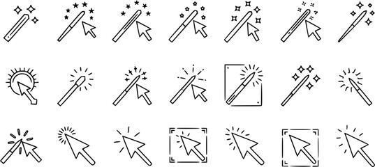 Set of magic wand and cursor icons, black and white line art, vector graphics, technology and design tools © pixsource