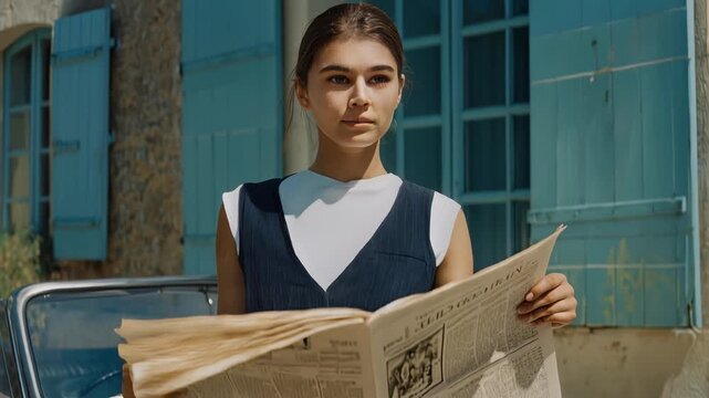 A stylish young woman in a navy vest and wide-leg trousers holds a newspaper while leaning against a cream vintage convertible parked before a stone building with teal-blue shutters.
