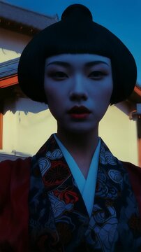 A contemplative Asian woman with a short blunt bob and bold red lipstick in an ornate red floral kimono gazes upward in a narrow Japanese alley bathed in blue and amber light.