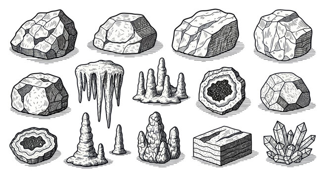 Hand-drawn sketch collection of various natural minerals and cave formations.