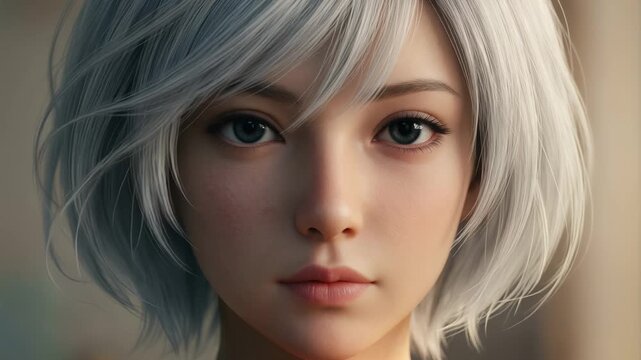 Hyperrealistic 3D rendered close-up portrait of a young woman with a silver-white angled bob and soft blue-grey eyes gazing directly at the viewer against a warm blurred beige background.