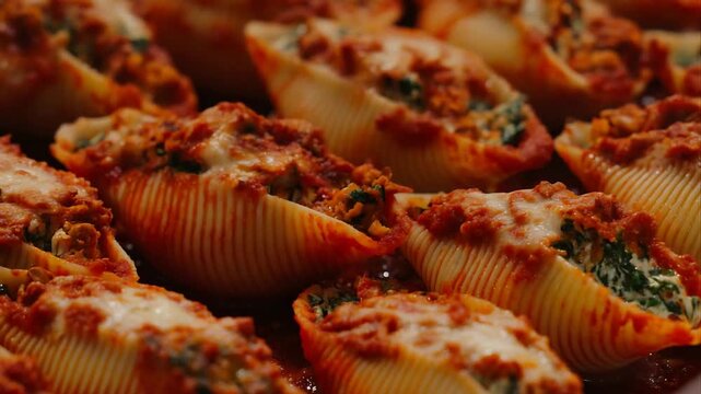 Delicious Baked Stuffed Pasta Shells with Melted Cheese and Rich Tomato Sauce.