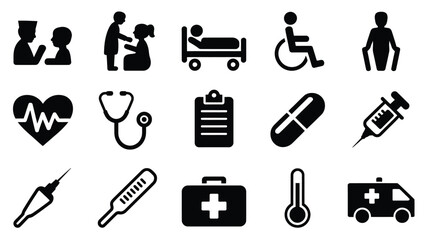 Fototapeta premium Patient care and medical services bundle with healthcare icons including people hospital bed ambulance and medical equipment on white background