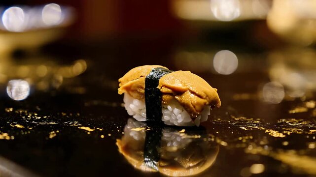 Gourmet Uni Sushi Nigiri Delicately Placed on Reflective Black Surface with Golden Specks.