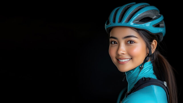 Indonesian athlete woman wearing cyclist triathlon decathlon sport isolated on black