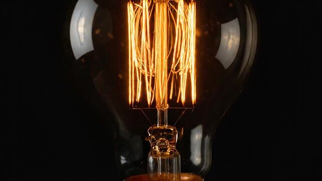 Glowing incandescent light bulb with visible filament on a dark background