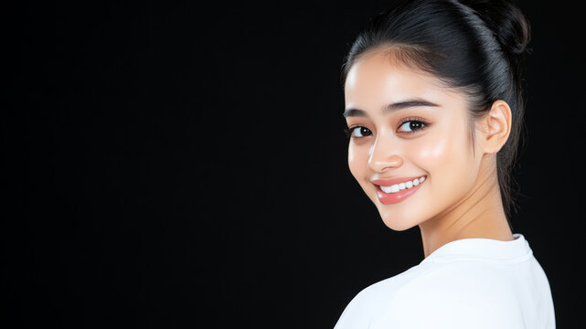 Indonesian sport woman athlete wearing white sportswear smiling isolated on black background