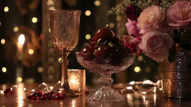 Luxurious Indian Gulab Jamun Dessert with Floral Arrangement and Warm Candlelight Ambience.