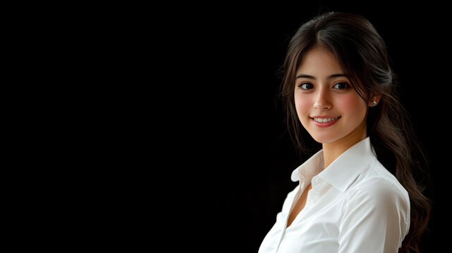 Japanese business woman in white shirt smiling isolated on black background