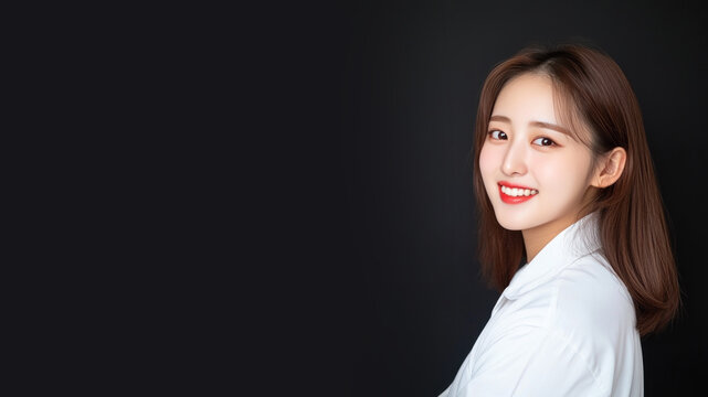 Korean business woman in white shirt smiling isolated on black background