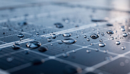 Close-up of a photovoltaic solar panel surface reflecting light.