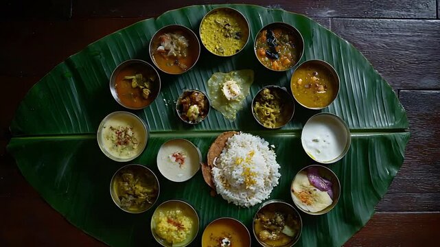 Traditional Indian Thali meal elegantly served on a fresh green banana leaf.