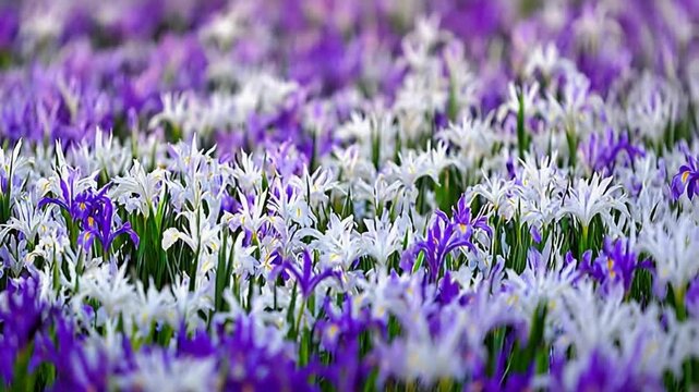 Vibrant Purple and White Irises Blooming in a Beautiful Sunlit Garden Field.