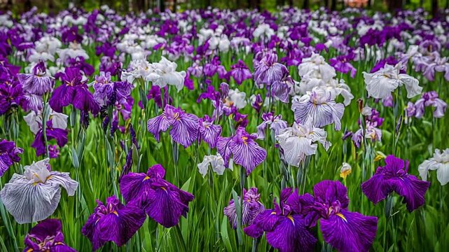 Vibrant Field of Purple and White Iris Flowers Swaying Gently in a Beautiful Garden.