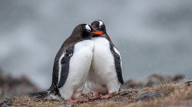 Adorable Gentoo Penguins Cuddling on a Rocky Shore, Showcasing Their Affectionate Bond.