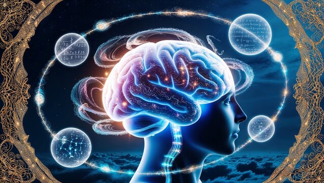 An abstract illustration of the brain with cosmic elements rotating.