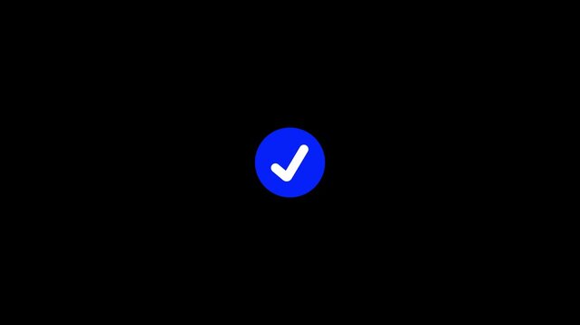 A solitary white checkmark is prominently displayed within a deep blue circle, set against a stark black background, signifying a positive outcome or a completed task