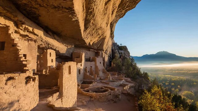Ancient Cliff Dwellings at Mesa Verde National Park Bathed in Golden Sunrise Light.