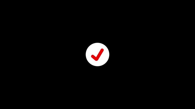 A bright red checkmark is presented within a clean white circle, isolated against a deep black background, conveying a sense of urgency or a distinct alert