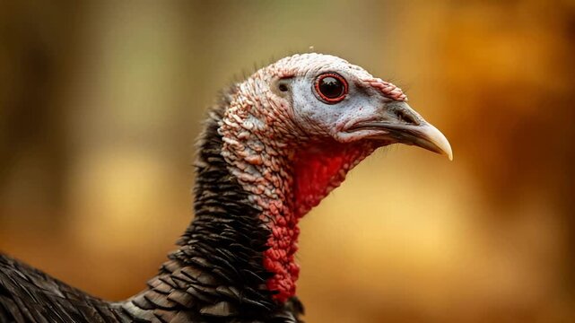 Majestic Wild Turkey Portrait with Vivid Red Wattles Against a Soft Autumn Background.