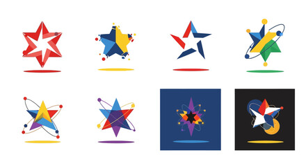 A vibrant collection of colorful geometric star icons with atomic orbits ideal for design projects on transparent background silhouette © Hridoy
