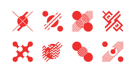 A collection of abstract geometric shapes in red featuring lines and circles on transparent background silhouette high quality professional