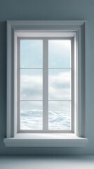 Snowy winter window view from outside, showcasing a serene landscape with snowflakes falling and a cloudy sky in a modern interior setting
