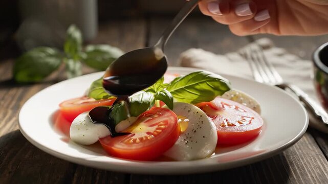 Fresh Caprese salad with mozzarella, tomatoes, and basil being dressed.
