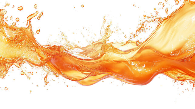 Dynamic splash of amber liquid, frozen in mid-air with intricate details and a black background