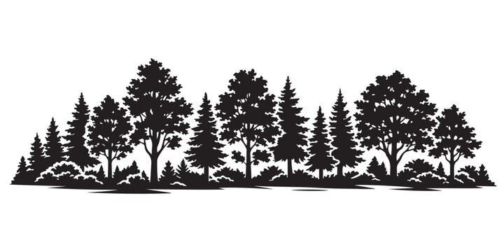 Woodland Autumn Skyline Silhouette, Silhouette Vector, Isolated on White Background