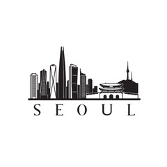 Obraz premium Seoul Skyline Silhouette with N Seoul Tower Landmark Black Vector Icon