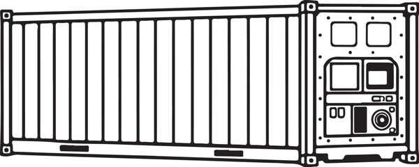 Refrigerated Cargo Shipping Container Black and White Line Art Vector Illustration