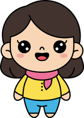 Obraz premium Cute little girl cartoon character wearing yellow sweater and pink scarf isolated on white background