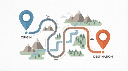 Obraz premium Travel Route Map with Origin and Destination Pins and Transport Modes