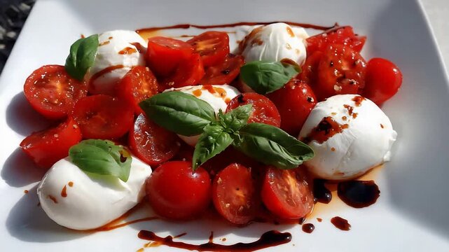 Vibrant Caprese Salad with Fresh Cherry Tomatoes, Creamy Mozzarella, and Aromatic Basil Leaves.